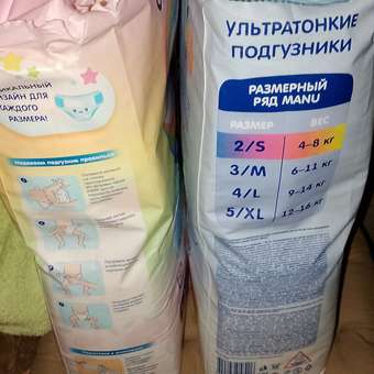 Подгузники MANU ультратонкие S (4-8 кг) 82 шт.: отзыв пользователя Детский Мир