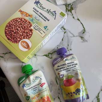 Пюре Fleur Alpine Органик яблоко-банан-черника-йогурт с 6 мес 120 г: отзыв пользователя Детский Мир